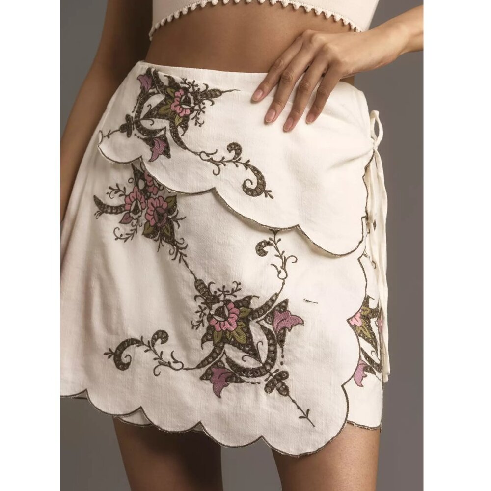 By Anthropologie Foldover Waist Mini Skirt Embroidered Floral Sz 14 *Small Flaw*
